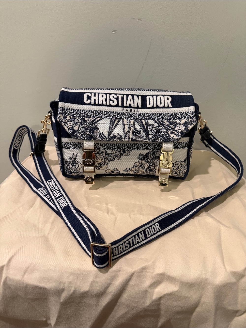 Inspired Navy and White Toile Canvas Crossbody with Branded Strap